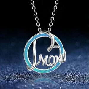Round Blue Opal Mom Heart Silver Necklace